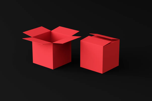 open and closed red box on a black background, two boxes, place for text