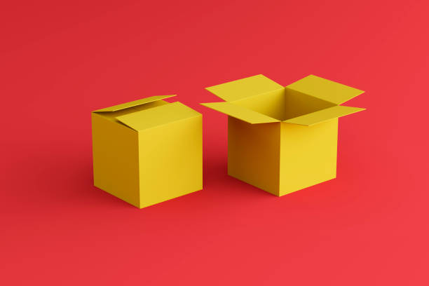 istock open and closed yellow box on a red background, two boxes, place for text 1224165202