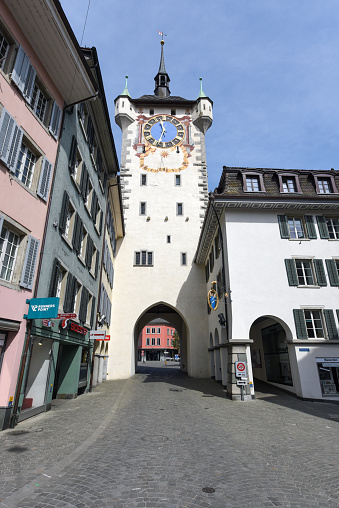 Baden with its medieval City Tower, which was built in the 15th century. It is one of Badens landmarks, with a height of 56,45m. The image was captured during springtime.