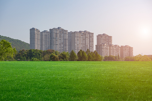 Modern urban architecture and green lawn