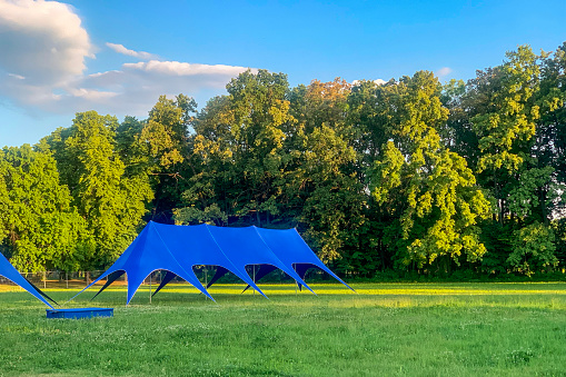 blue tent on green meadow at summer park