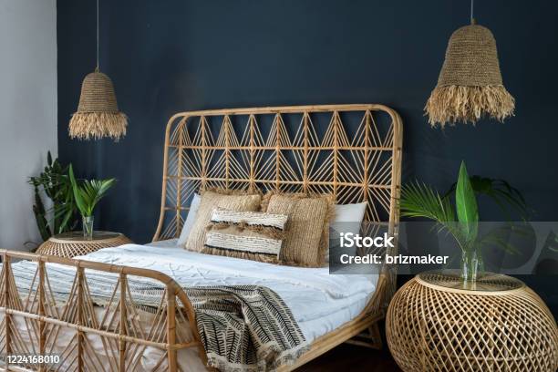 Elegant Bedroom Interior At Cozy House With Ethnic Decor Stock Photo - Download Image Now