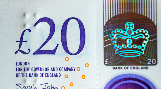 New Twenty pound note released 20 Feb 2020. Macro close up of this new polymer note.