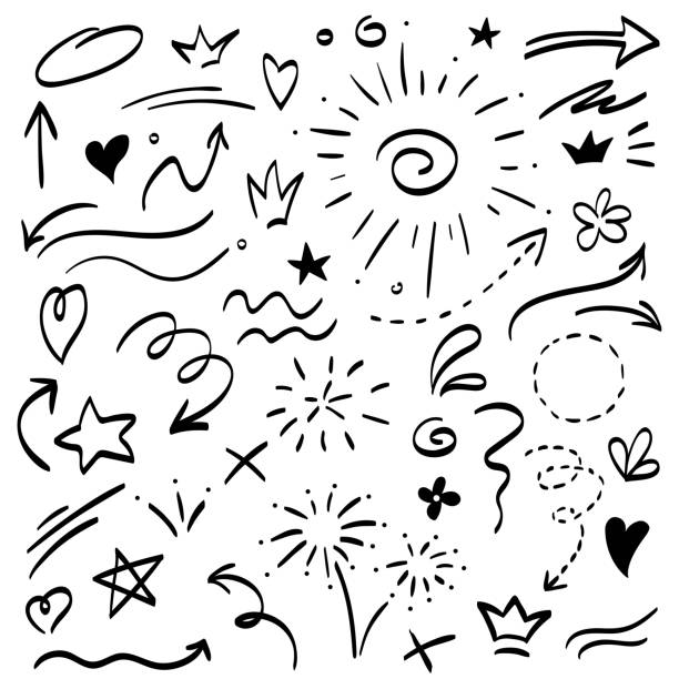 illustrazioni stock, clip art, cartoni animati e icone di tendenza di collezione di frecce disegnate a mano - doodles - penna illustrazioni