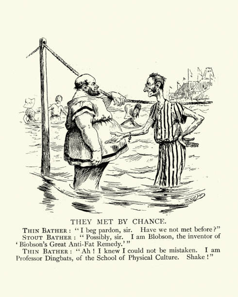 Fat and thin, they met by chance, Victorian satirical cartoon Vintage illustration of Fat and thin, they met by chance, Victorian satirical cartoon, 19th Century victorian swimwear stock illustrations