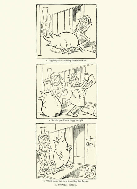 Vintage illustration of First class pig, Victorian comedy cartoon, 19th Century