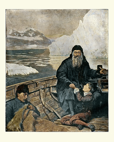 Vintage illustration of The Last Voyage of Henry Hudson. Henry Hudson and part of his crew, including his son, set adrift in the Hudson Bay by mutinous sailors eager to return home to Europe.
