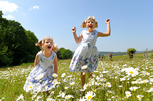 Twin sisters play together in a daisy field \nand smile cheerfully at the camera. They\nboth jump up and down while laughing.