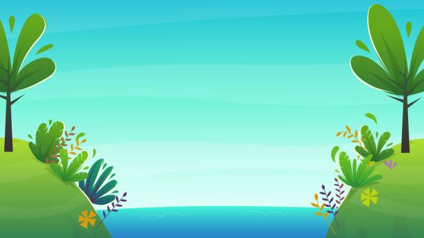 ilustrações de stock, clip art, desenhos animados e ícones de tropical cartoon island background . blue sky clouds and sea ocean water horizon , kids funny vector illustration with exotic plants and palm tree - waterfall cartoon tropical rainforest vector