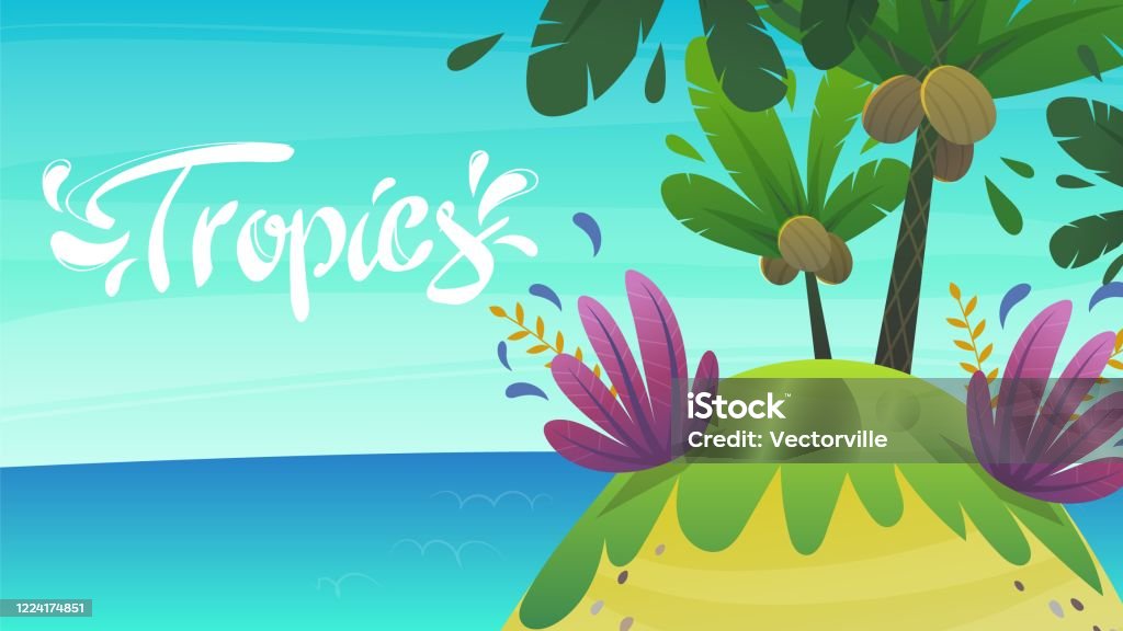 Tropical Cartoon Island Background Blue Sky Clouds And Sea Ocean Water  Horizon Kids Funny Vector Illustration With Exotic Plants And Palm Tree  Stock Illustration - Download Image Now - iStock