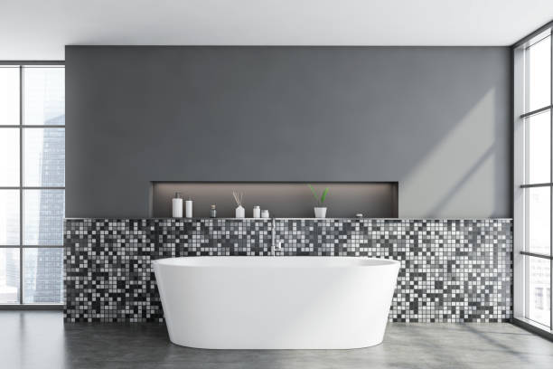 istock Gray mosaic bathroom interior with tub 1224175834