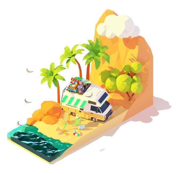 ilustrações de stock, clip art, desenhos animados e ícones de vector isometric camper on the beach - isometric sea coastline beach