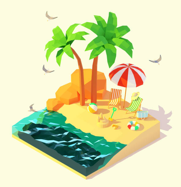 ilustrações de stock, clip art, desenhos animados e ícones de vector isometric summer beach holidays - isometric sea coastline beach