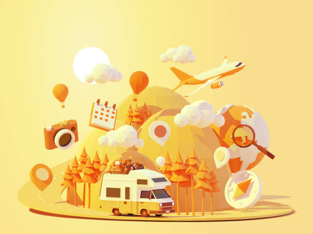 Vector camper van travel adventures Vector camper van travel summer adventures illustration. Retro caravan road trip. Road between mountains with pine trees, hot air balloons. Summer vacation and tourism in RV. Holiday nostalgia rv stock illustrations