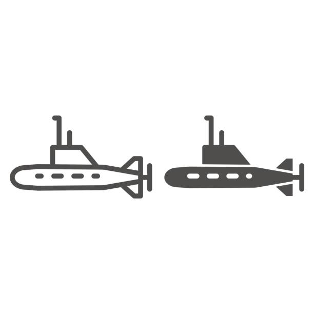 ilustrações de stock, clip art, desenhos animados e ícones de submarine line and solid icon, warship transport symbol, underwater boat vector sign on white background, submarine with periscope icon in outline style mobile concept and web design. vector graphics. - submarine