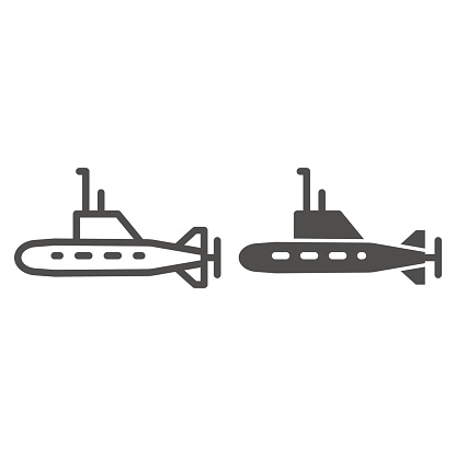 Submarine line and solid icon, warship transport symbol, underwater boat vector sign on white background, Submarine with periscope icon in outline style mobile concept and web design. Vector graphics
