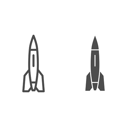 Rocket line and solid icon, transport symbol, space ship vector sign on white background, missile icon in outline style for mobile concept and web design. Vector graphics