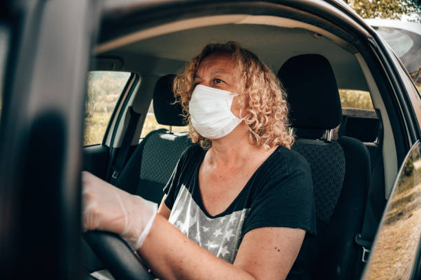 istock woman driving with the mask 1224185413