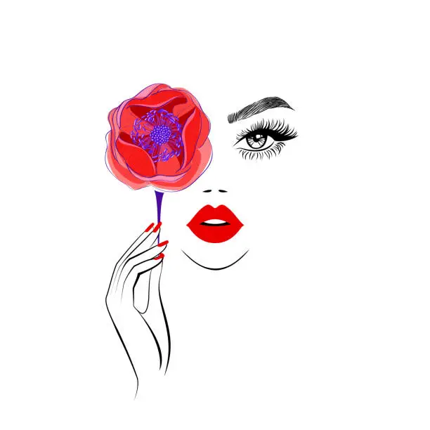 Vector illustration of Stylish woman is keeping a flower in her hand and closing eye, beautiful face, red lips, lush eyelashes, red nails manicure art. Beauty logo. Vector illustration, wallpaper background print.