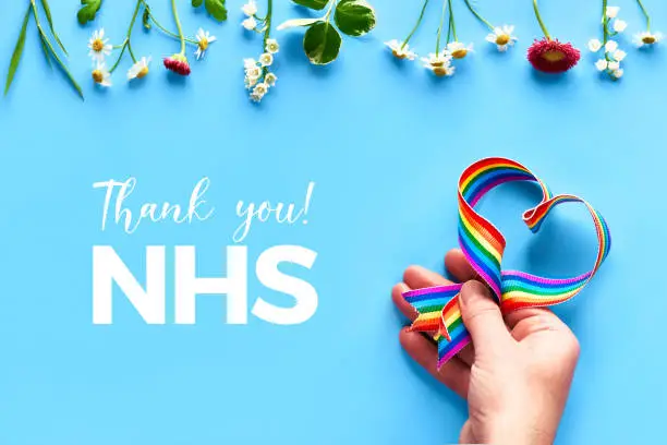 Thank you NHS, doctors, nurses, medical teams and key workers in England and UK! Hand holding rainbow ribbon in heart shape on blue mint background with flowers, trendy flat lay, text "Thank you NHS".