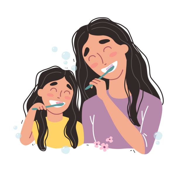 мать и дочь чистят зубы. счастливой семьи и здоровья. - brushing teeth stock illustrations