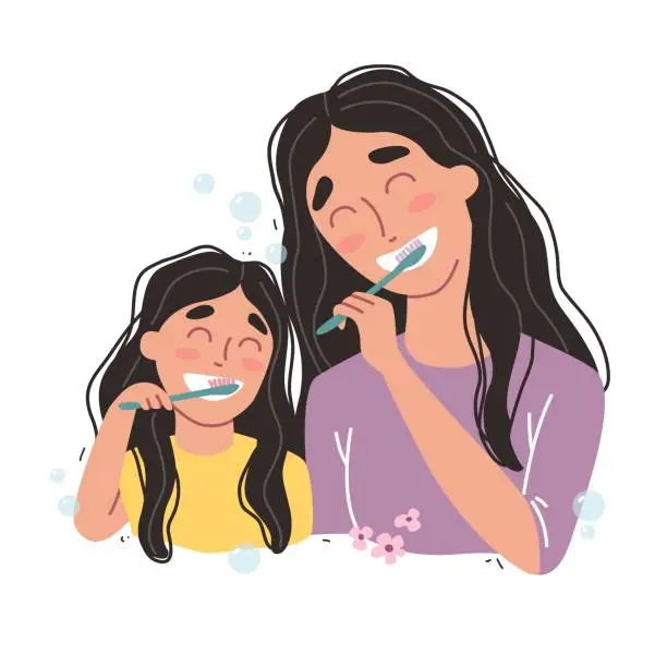 Vector illustration of Mother and Daughter Brushing Their Teeth. happy family and health.