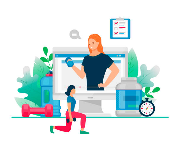Fit woman with dumbbell looking on computer. Vector online fitness concept Vector flat illustration of online fitness. Cartoon active woman character training and coaching for sport activity. Concept of fitness web blog workout personal trainer stock illustrations
