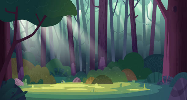 illustrazioni stock, clip art, cartoni animati e icone di tendenza di cartoon magico estate giungla foresta radura con raggi del sole. paesaggio selvaggio della foresta. - bosco