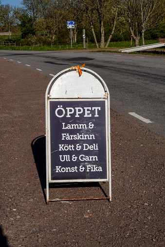 Applerum, Oland, Sweden A sign in Swedish advertising lamb products like wool, yarn, art and fika.