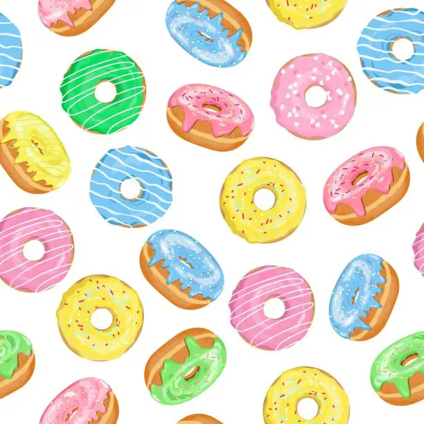 Vector illustration of Vector seamless pattern of Doughnuts with blue, pink, green, yellow glaze and sugar icing on white background for sweet shop, Donut Day poster, print, textile.