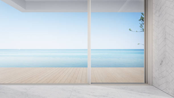 пустая терраса возле гостиной в современном пляжном домике или роскошной вилле у бассейна. - villa house marble tropical climate стоковые фото и изображения