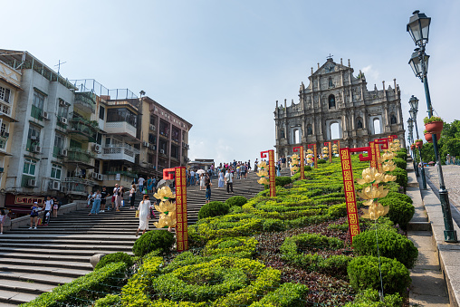 Macau, China - May 16, 2020: It is a popular tourist attraction of Asia. View of the Ruins of St. Paul's Cathedral in Macau.