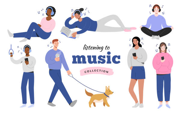 ilustrações de stock, clip art, desenhos animados e ícones de young people in headphones listening to music at home, doing yoga, in the street walking a dog, joyful cartoon characters, isolated flat vector illustration, teenagers with musical app - ouvir musica