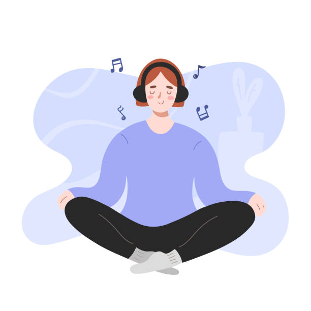 illustrations, cliparts, dessins animés et icônes de femme faisant le yoga, écoutant la musique à la maison, caractère féminin dans des écouteurs sans fil dans la position de lotus, humeur paisible calme, activités intérieures, concept de méditation, illustration vectorielle de dessin animé - lotus position audio