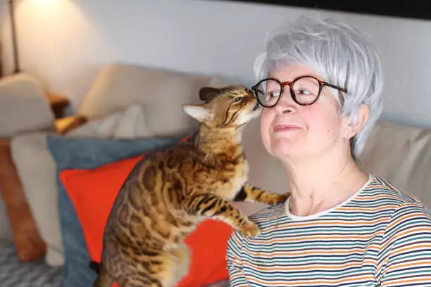 Photo of Senior woman showing complicity with her pet