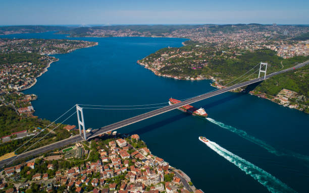 Fatih Sultan Mehmet Bridge A panoramic view of Istanbul Bosphprus, Turkey on May 09, 2020. Fatih Sultan Mehmet Bridge is almostly empty during a two-day lockdown imposed to prevent the spread of COVID-19 bosphorus stock pictures, royalty-free photos & images