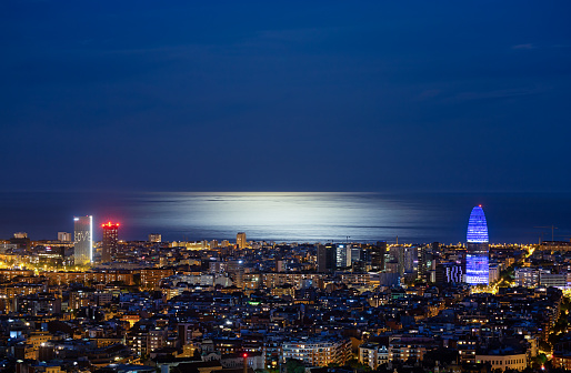 quiet spring night in the city of Barcelona, with the illumination of the city