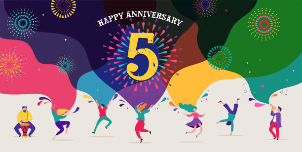 ilustrações de stock, clip art, desenhos animados e ícones de anniversary celebration. happy people dancing, playing music, celebrating. vector illustration, banner, poster - samba dancing rio de janeiro carnival brazilian