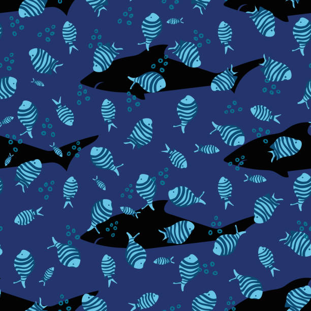 Sharks and pilot fish seamless vector blue pattern Shark shadows and striped pilot fish swimming in blue water seamless vector pattern. Ocean themed surface print design. For boys fabrics, sea life themed stationery and packaging. pilot fish stock illustrations