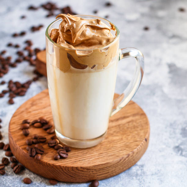 istock Dalgona coffee trend ice drink cappuccino or latte fluffy creamy whipped Menu concept healthy eating. food background top view copy space for text 1224201154