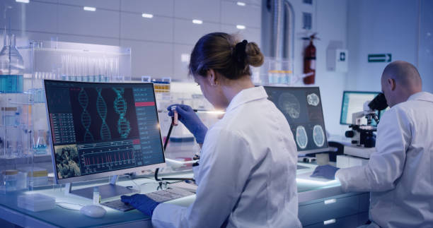 Multi ethnic research team studying DNA mutations. Female doctor in foreground Scientists examines DNA models in modern Neurological Research Laboratory. healthcare technology stock pictures, royalty-free photos & images