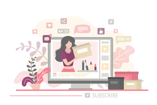 Social media page on screen. Fashion woman blogger making review for purchases on her trendy channel. Unboxing, new makeup and cosmetics. Video content production. Flat vector illustration
