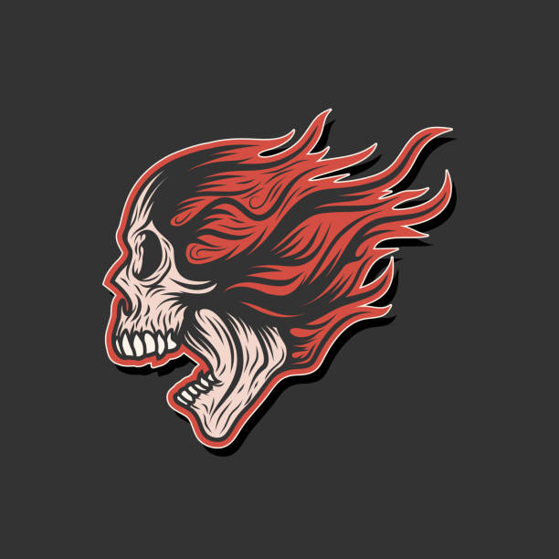 screaming skull flame logo branding - inferno fire flame skull stock-grafiken, -clipart, -cartoons und -symbole