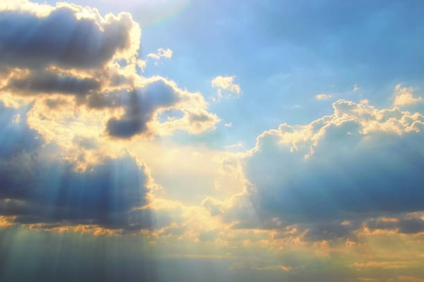 istock Astonishing blue sky with colorful white clouds. Abstract sun beam line light shining through the clouds. Sunbeam through the clouds on beautiful sky. Ukraine 1224204522