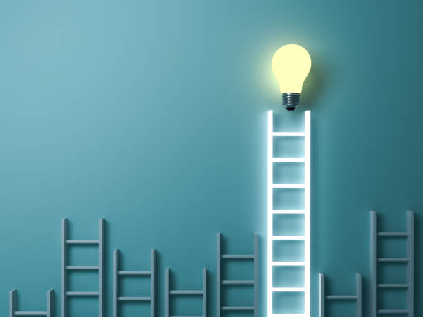 Stand out from the crowd and different creative idea concepts Longest light ladder glowing with bright idea bulb among other short ladders on blue green pastel color background