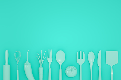 3d rendering of kitchen utensils on colorful background, minimal design, flat lay, copy space.