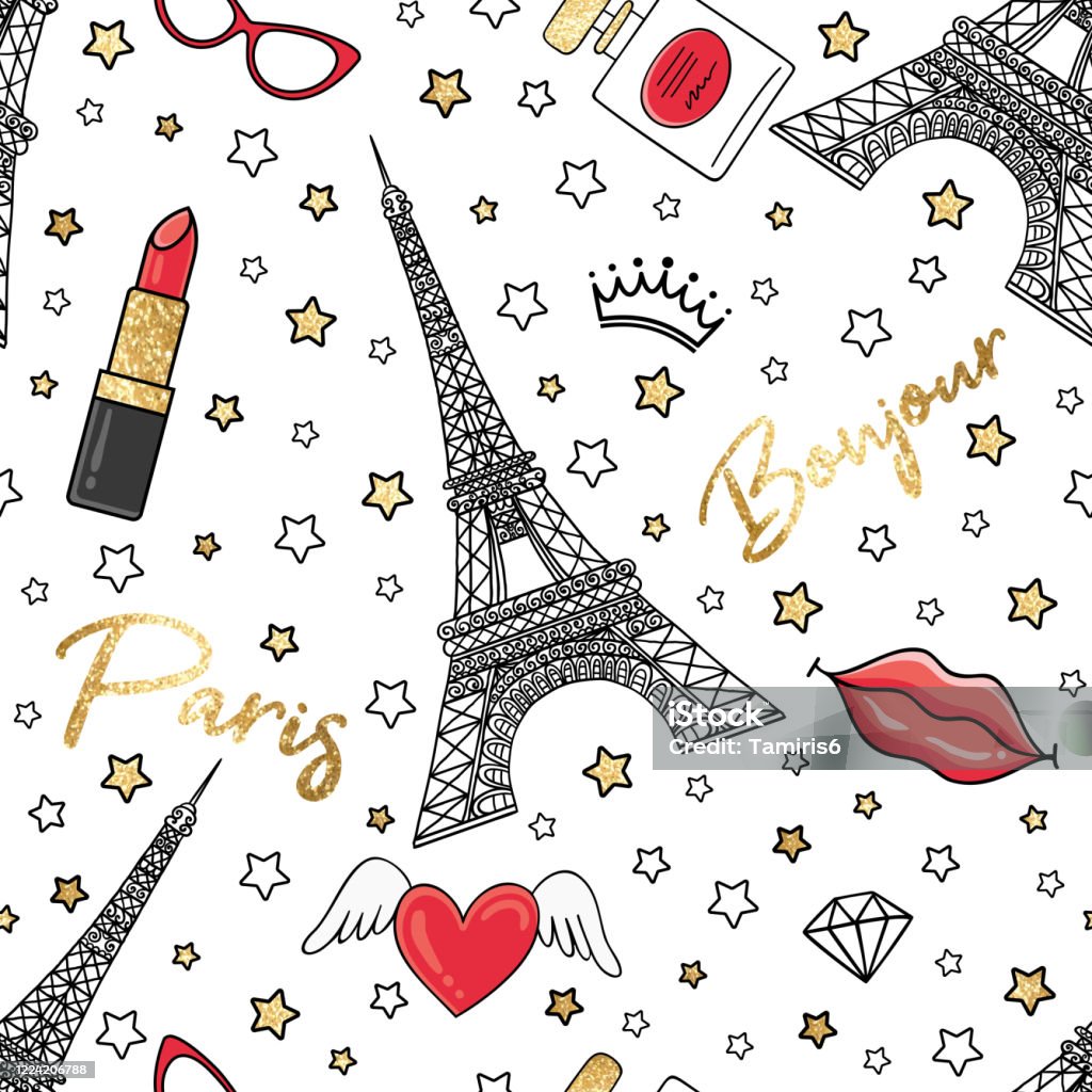 Bonjour Paris Seamless Fashion Pattern With Gold Glitter Stars Lipstick  Heart Lips Sunglasses And Eiffel Tower On White Background Stock  Illustration - Download Image Now - iStock