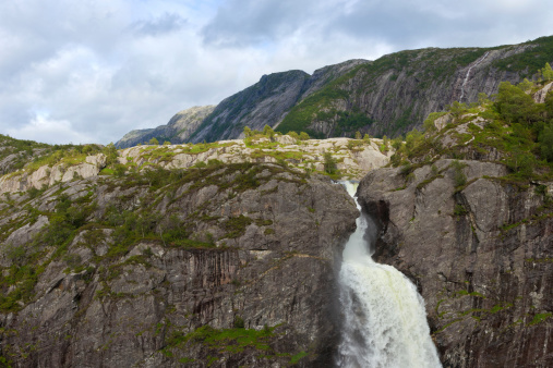 The Manafossen waterfall, located at the bottom of the fjord Frafjord in Gjesdal of Rogaland, Norway.