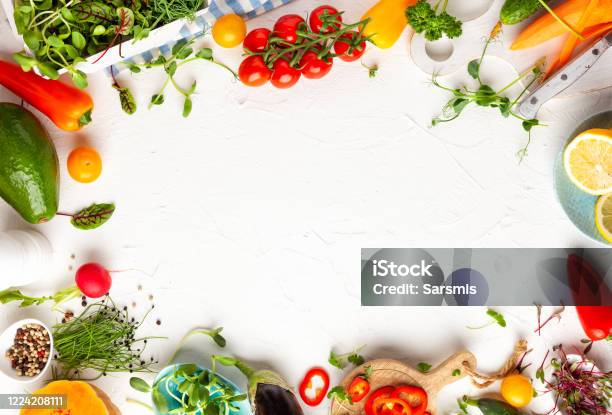 Fresh Vegetables Fruits Microgreens And Herbs For Cooking Healthy Meals At Home Stock Photo - Download Image Now