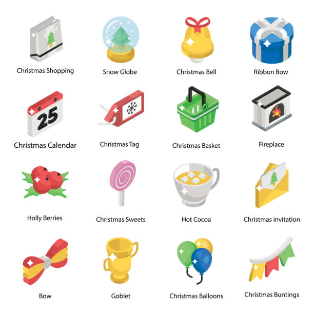 ilustraciones, imágenes clip art, dibujos animados e iconos de stock de conjunto de iconos isométricos de navidad - cesta de navidad